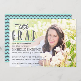 Convite Cinza e foto da festa do Formando Blue Chevron