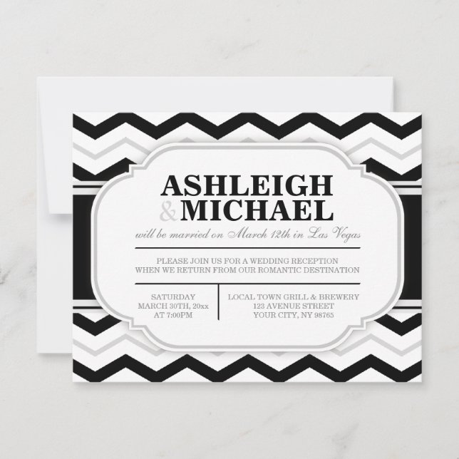 Convite Cinza e Preto Chevron Branco Recepção de Casamento (Frente)