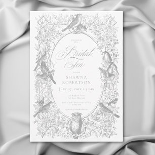 Convite Cinza elegante Chinoiserie Nature Birds Bridal Tea
