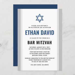Convite cinza Elegante e bar azul mitzvah
