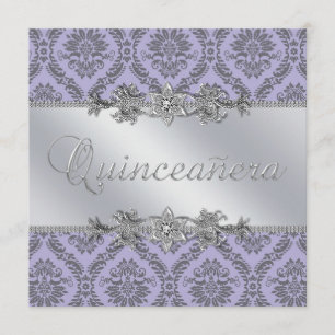 Convite Cinza Elegante e Damasco Roxo Quinceanera