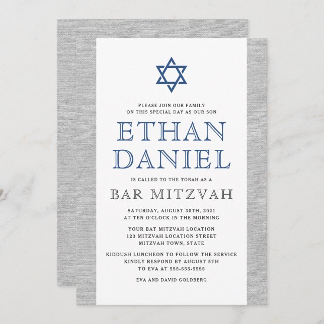 Convite Cinza Elegante - Estrela azul de David bar mitzvah (Frente/Verso)