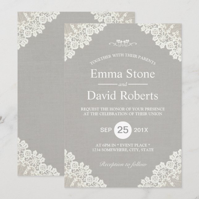 Convite Cinza Elegante Rústica Vintage White Lace Lace (Frente/Verso)