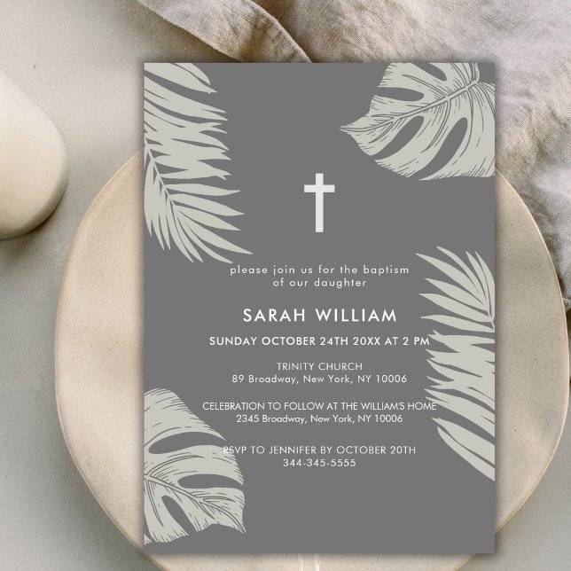 Convite Cinza Elegante Sai do Batismo Cruzado (Elegant Grey Boho Leave Gold Cross Baptism Invitation)