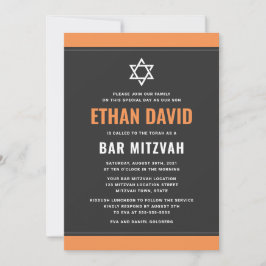 Convite cinza escura moderna borda laranja bar mitzvah