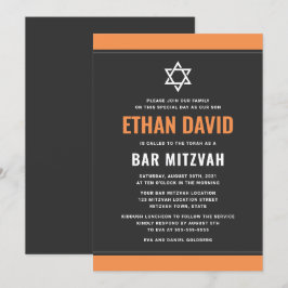 Convite cinza escura moderna borda laranja bar mitzvah
