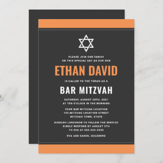 Convite cinza escura moderna borda laranja bar mitzvah