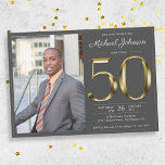 Convite Cinza Escuro Clássico Foto Personalizada do 50º An<br><div class="desc">Cinza Escuro Clássico, Foto Personalizada 50º Convite de Aniversário. Simples mas clássico convite de aniversário com o marco do ano de nascimento em efeito de texto em ouro sólido! Este é um modelo editável e poderia ser usado tanto para homens quanto para mulheres. Contacte-me se tiver alguma pergunta, farei o...</div>