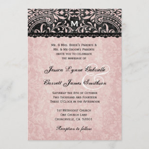 Convite Cinza escuro e Casamento tema damasco de Vintage c
