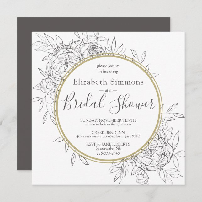 Convite Cinza Escuro Peony Floral Modern Toile Chá de pane (Frente/Verso)