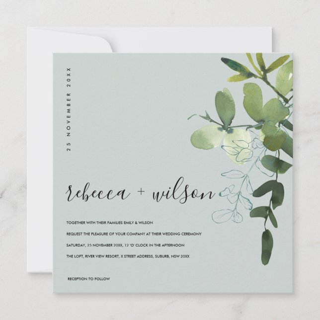CONVITE CINZA EUCALYPTUS FOLIAGE WATERCOLOR WEDTING VERDE (Frente)