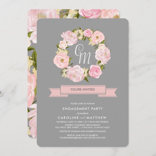 Convite Cinza | Festa de noivado Pink-Blush Wreath (Frente/Verso)