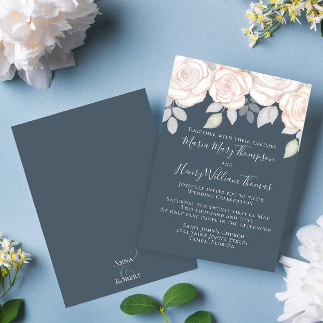 Convite Cinza Floral Russo de Cores Aquáticas Elegante (Elegant blush and blue wedding invitation with calligraphy script. )