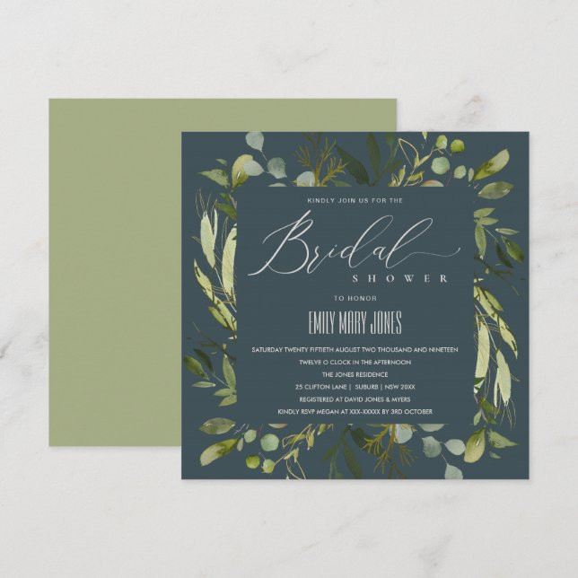 CONVITE CINZA FOLIAGE WATERCOLOR CHÁ DE PANELA DE FOLIAGE  (Frente/Verso)