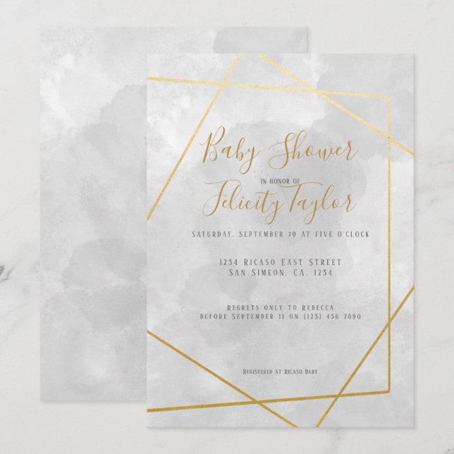 Convite Cinza Geométrica Dourada Diamond Chá de fraldas de (Frente/Verso)