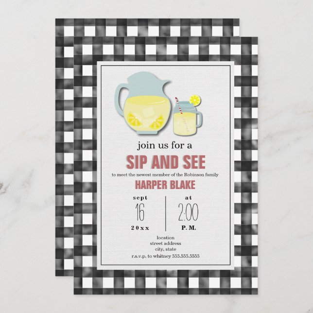 Convite Cinza Lemonade Gingham Sip & See Baby Invent (Frente/Verso)