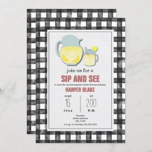 Convite Cinza Lemonade Gingham Sip & See Baby Invent