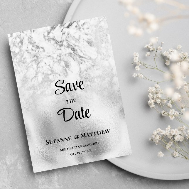 Convite Cinza luxuosa mármore branco prateado Salvar a Dat (Luxurious gray white silver marble Save the Date)
