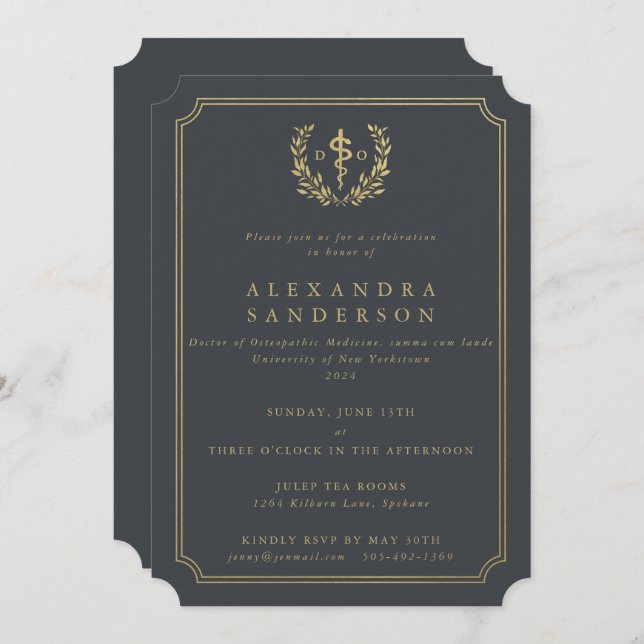Convite Cinza/Médico Dourado de Formando de Medicina Osteo (Frente/Verso)