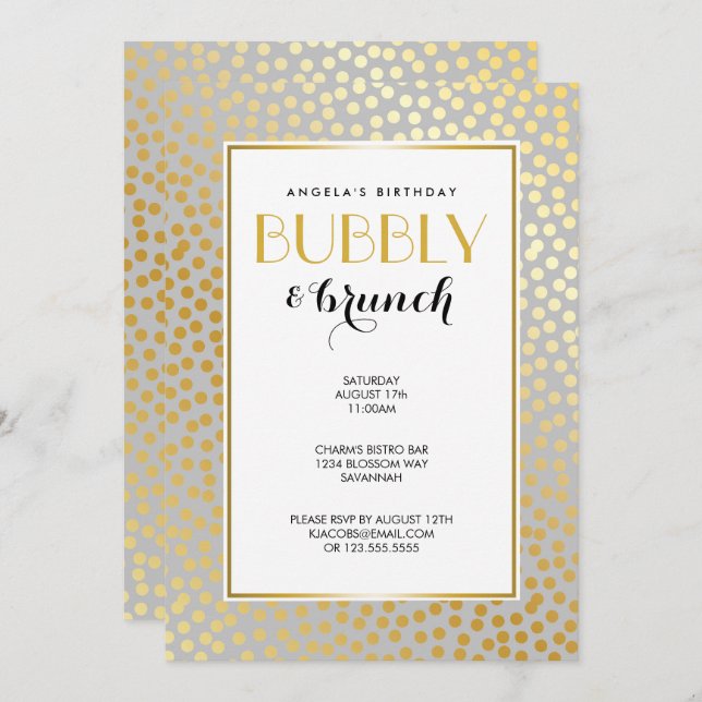 Convite Cinza moderno e ouro do teste padrão de bolinhas (Frente/Verso)