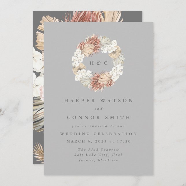 Convite Cinza Monograma Ultimate Wreath Pampas Grass (Frente/Verso)