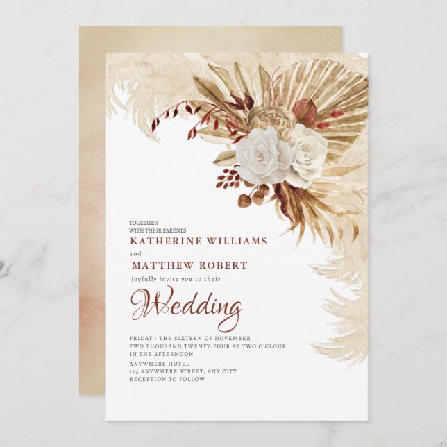 Convite Cinza Neutra Castanha Boho Floral (Frente/Verso)