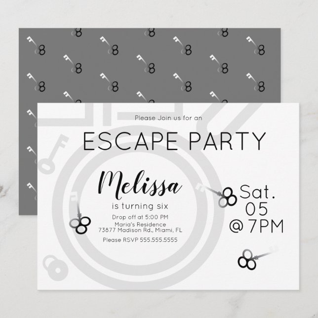Convite Cinza para Festa de Aniversário em Escape  (Frente/Verso)