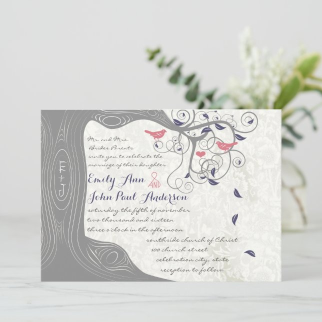 Convite Cinza Peach Lapis Blue Love Bird Invitation (Em pé/Frente)