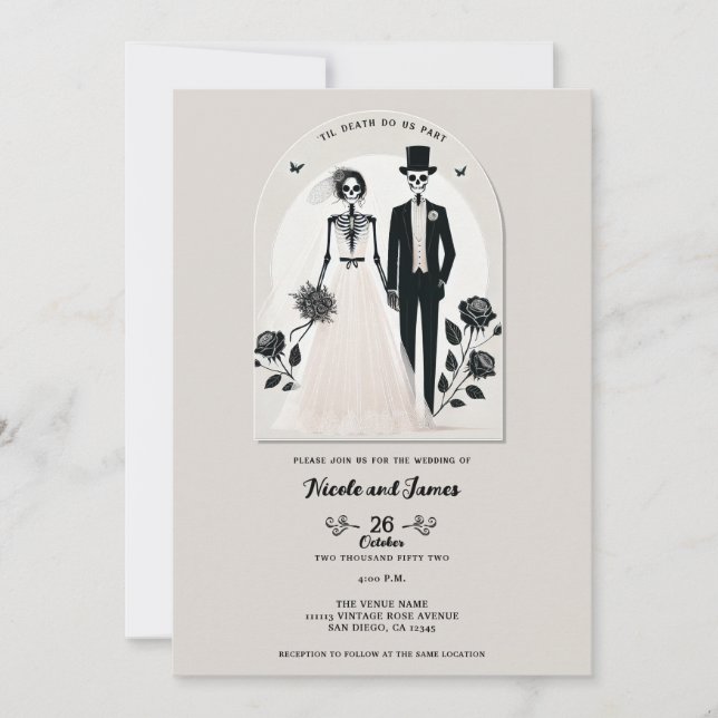 Convite Cinza Pedra Preto Esqueleto Gótico Casamento de Ha (Frente)