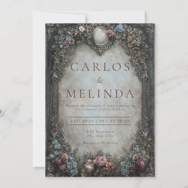 Convite Cinza Péter Vitoriano Barroco Floral Casamento (Frente)