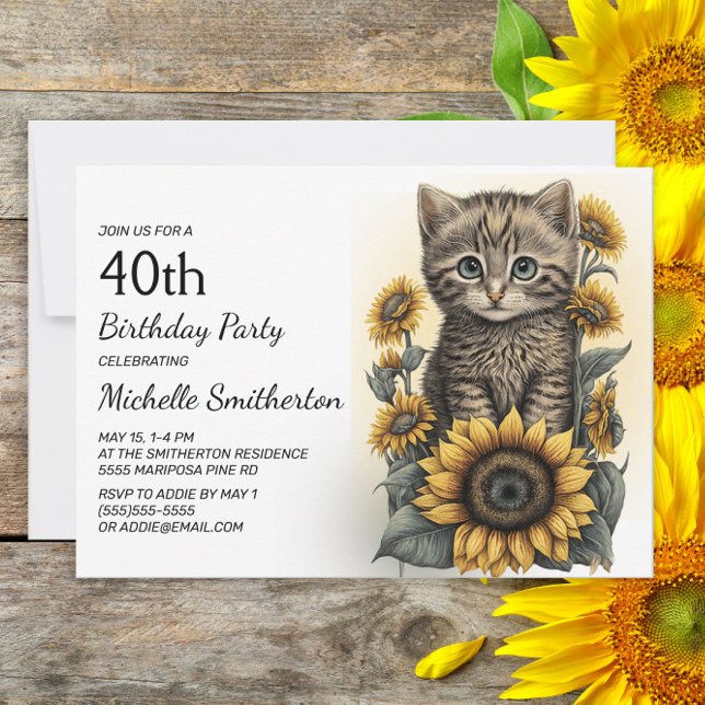 Convite Cinza por Kitten Cat Sunflower aniversário de 40 a (Criador carregado)