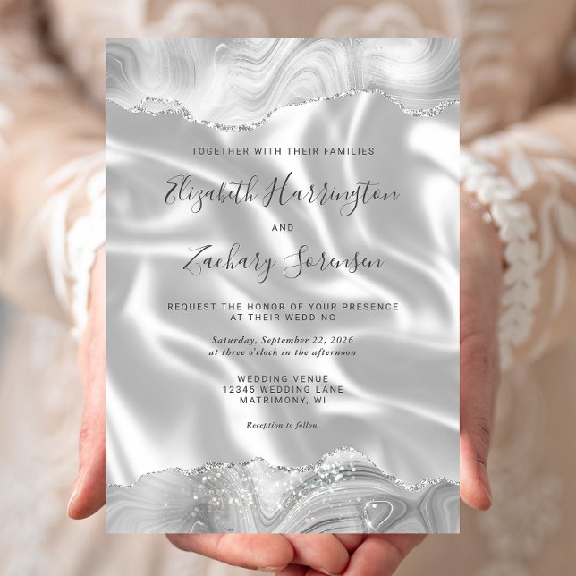 Convite Cinza Prata Ágata Branco Seda Casamento (Criador carregado)