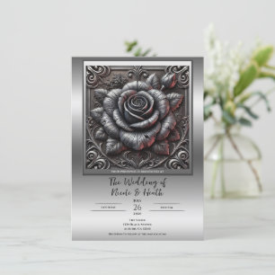 Convite Cinza Prateado & Rosa Negra Casamento Gótico Elega