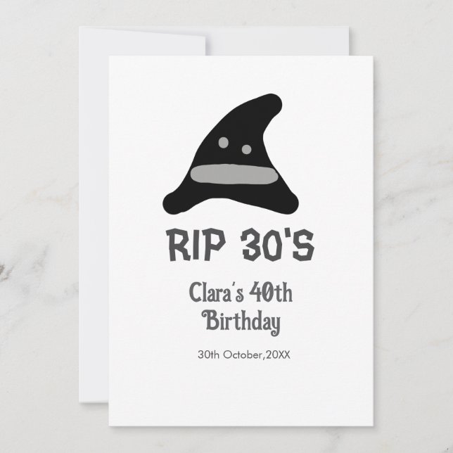 Convite Cinza preta RIP 30's aniversário de 40 anos com ch (Frente)