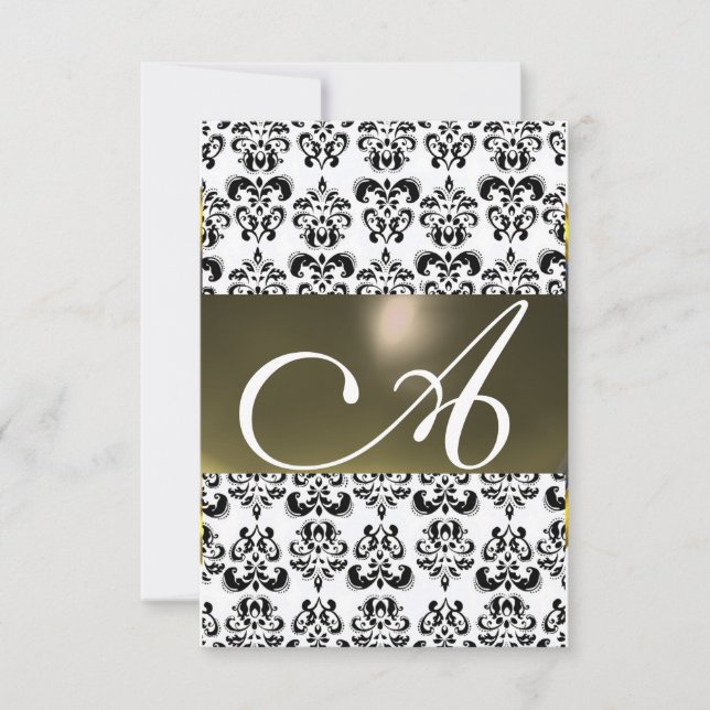 Convite CINZA PRETO DAMASK GEM MONOGRAM rsvp prata (Frente)