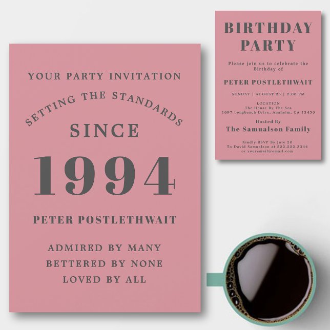 Convite Cinza Rosa 1994 Chic Elegante (Personalized 30th birthday invitations in pink and grey for those born in 1994.)
