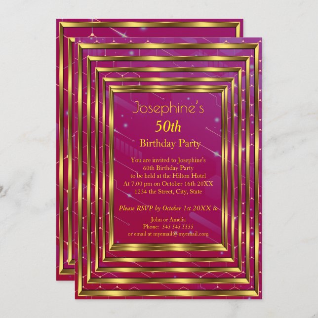 Convite Cinza Rosa 50ª Festa de aniversário Dourada (Frente/Verso)