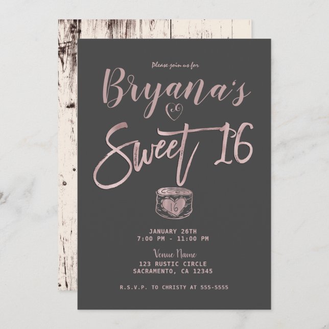 Convite Cinza Rosa Dourada Glam Rosa, Rustic, Doce 16 Part (Frente/Verso)