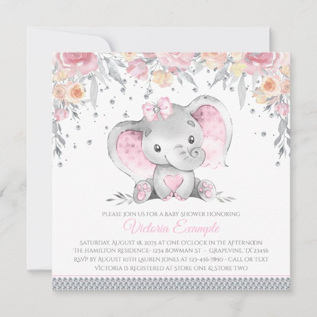 Convite Cinza Rosa Elefante Diamond Chá de fraldas Floral (Frente)