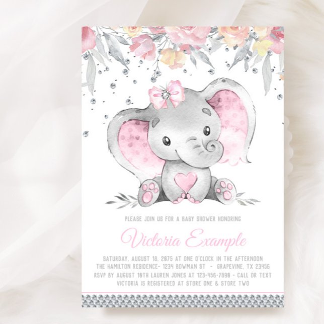 Convite Cinza Rosa Elefante Floral Diamond Girl Chá de fra (Sweet baby girl elephant baby shower invitation. Instant download and printed invitations available.)