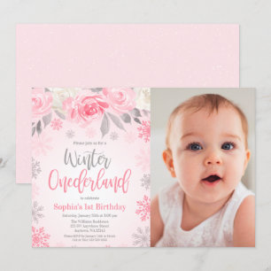 Convite Cinza rosa Floral Winter ONE derland Birthday Phot