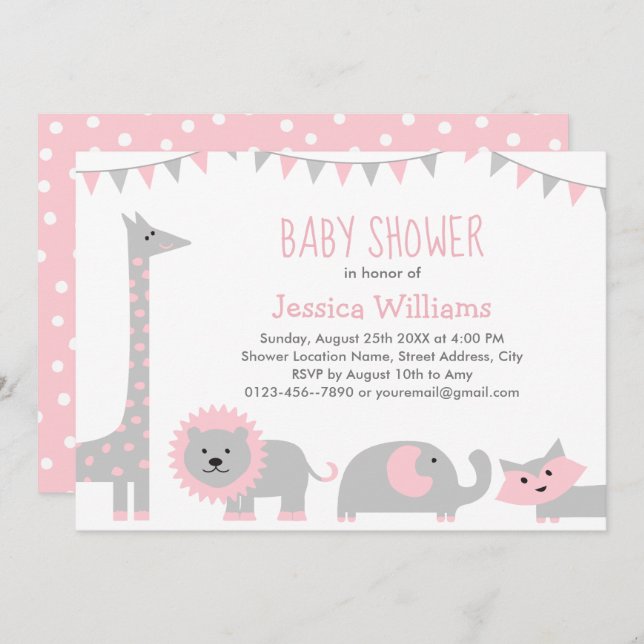 Convite Cinza Rosa-Gelada, Animais de Chá de fraldas (Frente/Verso)