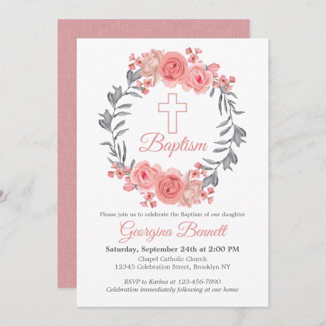 Convite Cinza Rosa Moderno Blush Floral Wreath Cross Bapti (Frente/Verso)