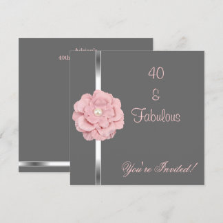 Convite Cinza Rosa Pérola Flor Branca Fabuloso Aniversário