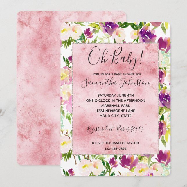 Convite Cinza Rosa Pêssego Púrpura Borgona Aquarela Floral (Frente/Verso)