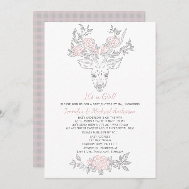 Convite Cinza Rosa, Rapariga Da Madeira, Chá de fraldas Po (Frente/Verso)