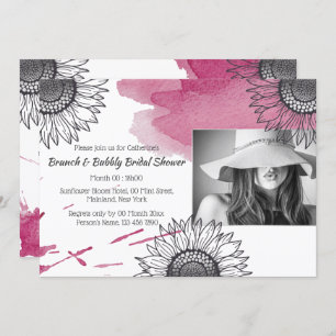 Convite cinza rosa-rosa, elegante, festa de girassol com f