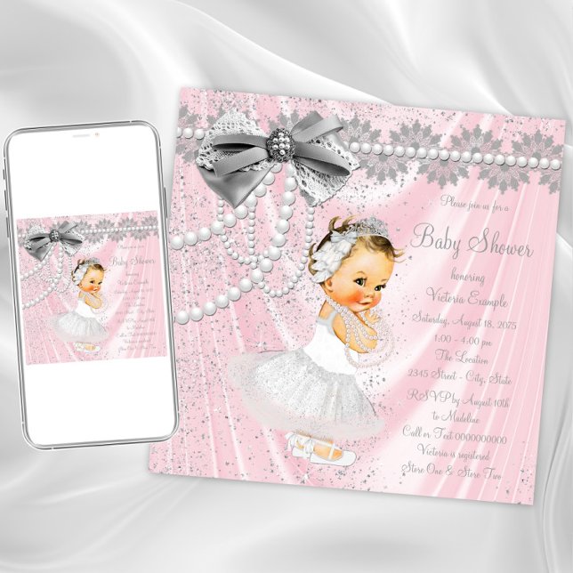 Convite Cinza rosa Satanás em pérola Chá de fraldas (Adorable pink and gray baby shower invitation. Instant download and printed invitations available.)