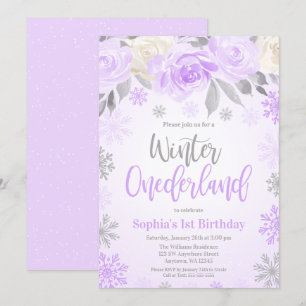 Convite Cinza roxa Floral Winter ONEderland primeiro anive
