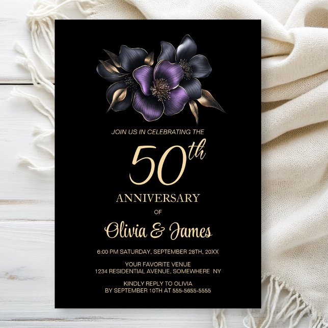 Convite Cinza Roxa Negra Floral 50º Aniversário (Criador carregado)